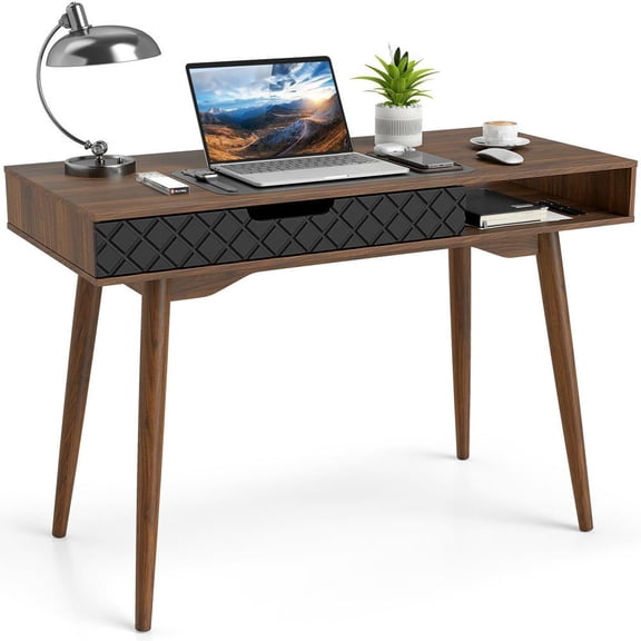 Resenkos Mid-Century Modern Computer Desk with Drawer and Open Compartment - Brown/Black
