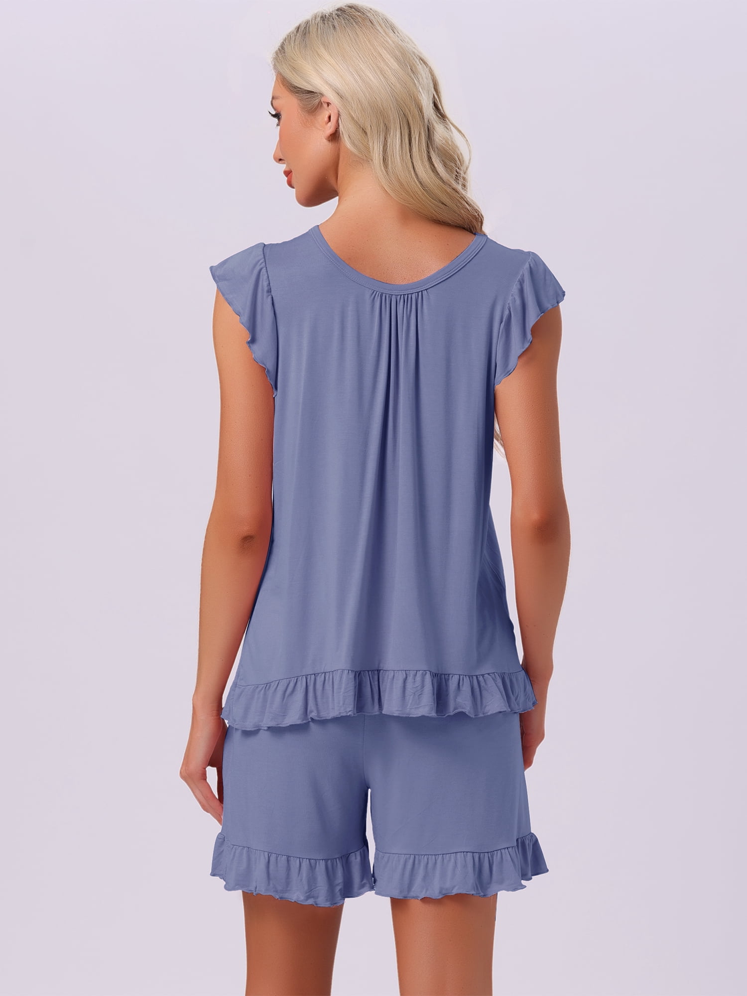 DARING DIVA Ruffle Trim Cap Sleeve Lounge Tops Shorts Pajama Sets M Peacock Blue