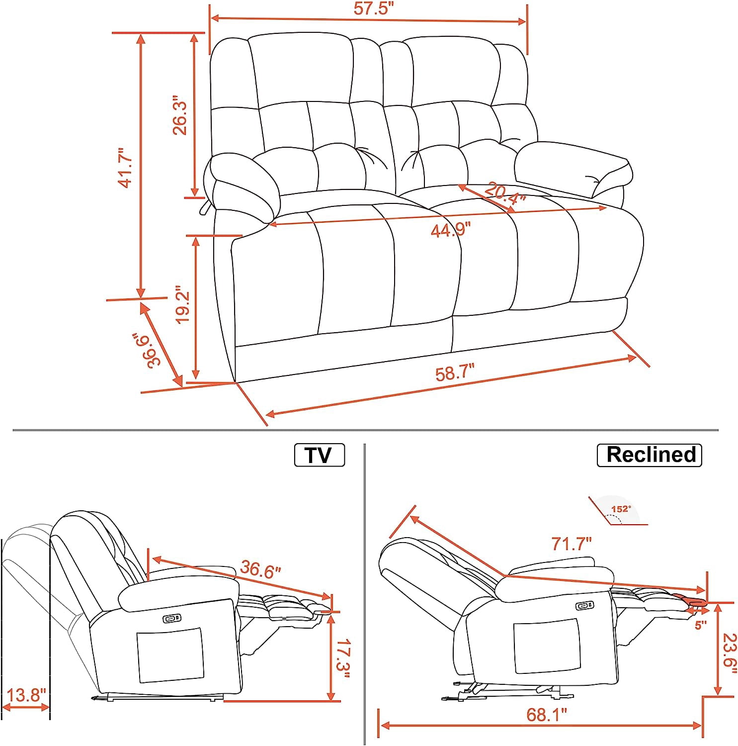 MCombo Power Loveseat Recliner, Electric Reclining Loveseat Sofa with Heat and Massage, USB Charge Port for Living Room Brown Fabric 6237
