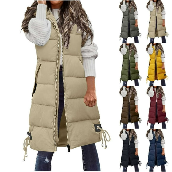 Frostluinai Long Puffer Vest Women Quilted Hooded Vest Padded Sleeveless Coat Jackets Zip Up Solid Warm Outerwear Vests with Pockets