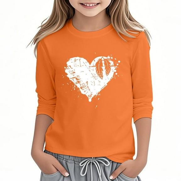 Kiijoy Toddler Girls Orange T-Shirt Heart Print 3/4 Sleeve Casual T Shirt, Sizes 2-3