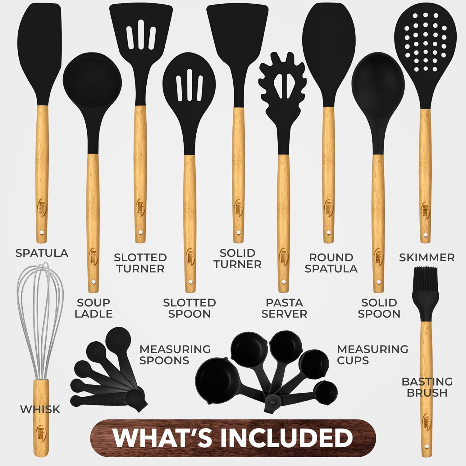 Kaluns 21 Pcs Wood and Silicone Kitchen Utensils Set for Cooking Household Essentials – Premium Cooking Utensil Set, Black