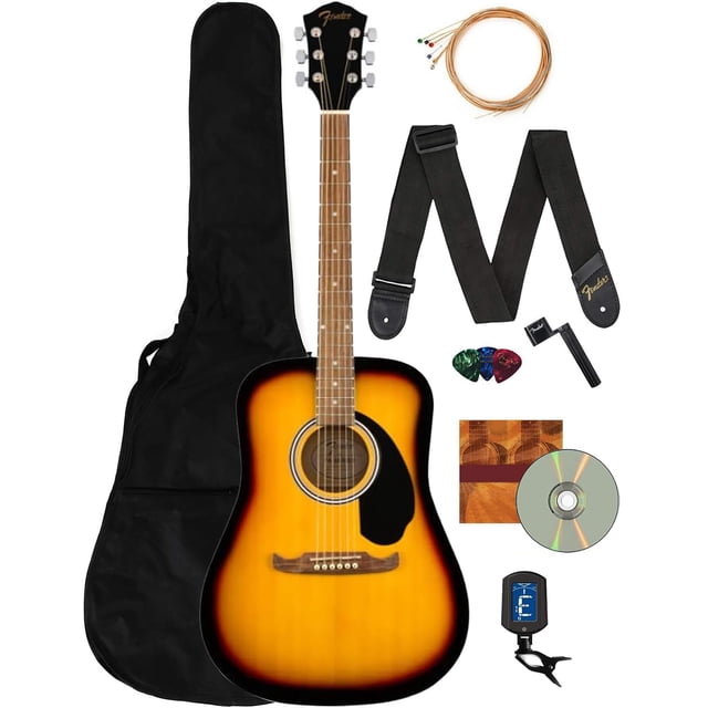 Guitarra acústica Fender Dreadnought - Paquete Sunburst con bolsa, afinador, correa, cuerdas, bobinadora, púas, lecciones y DVD instructivo de Austin Bazaar