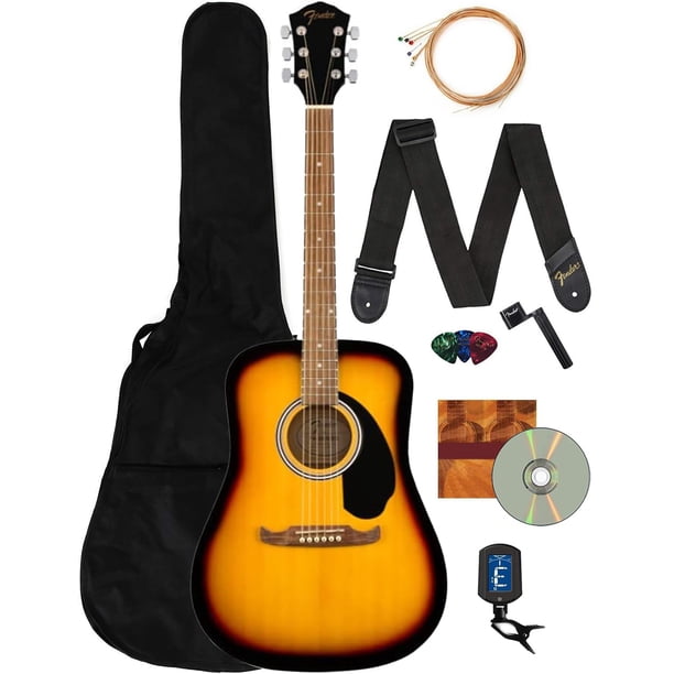 Guitarra acústica Fender Dreadnought - Paquete Sunburst con bolsa, afinador, correa, cuerdas, bobinadora, púas, lecciones y DVD instructivo de Austin Bazaar