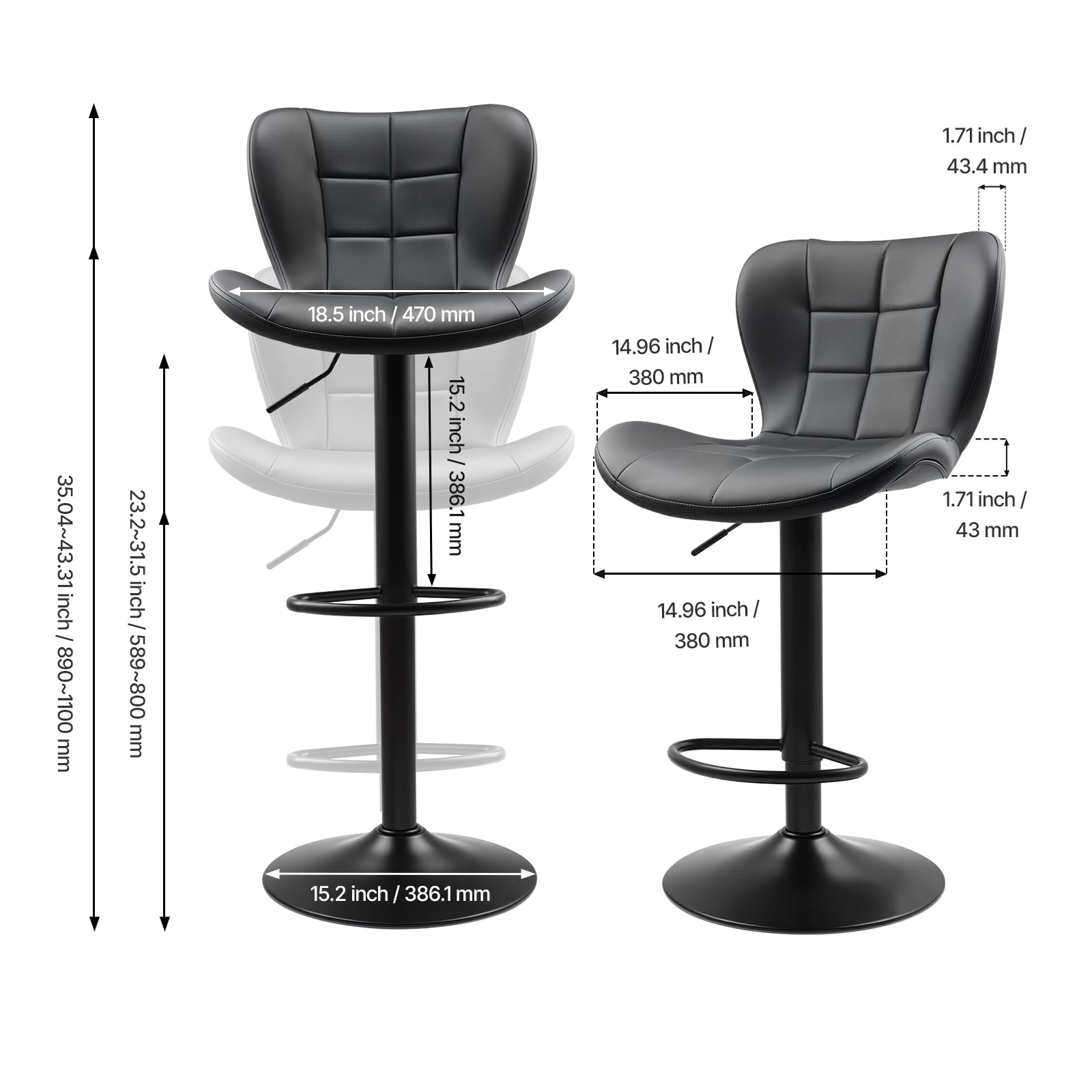 VEVOR Bar Stool Set of 4,Modern PU Leather Counter Height Stools,Swivel Kitchen Barstool with Back and Footrest, Height Adjustable Armless Bar Chair, Island Barstools for Kitchen, Dining Room, Black