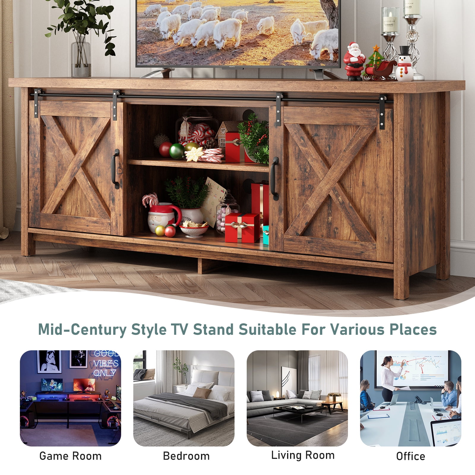 ChVans 58" Farmhouse Sliding Barn Door TV Stand for TVs Up to 65" TVs, Entertainment Center Console Table with Adjustable Shelves