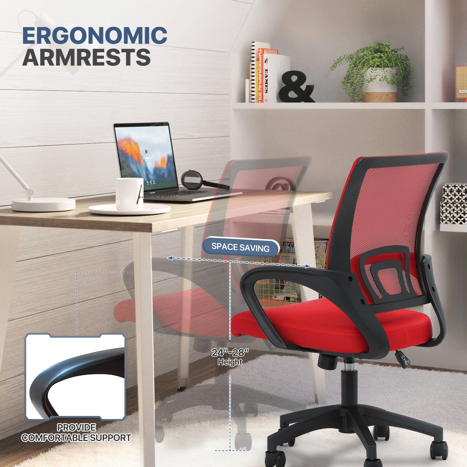 MoNiBloom Set of 2 Mesh Office Chairs Ergonomic Desk Chairs Swivel Rolling Computer Chairs with Lumbar Support and Adjustable Height, Red