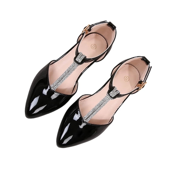 hoksml Girls Sparkly Rhinestone T-Strap Block Heel Dress Shoes, Adjustable Buckle Strap Pointed Toe Heels for Wedding, Pageant and Party Occasions