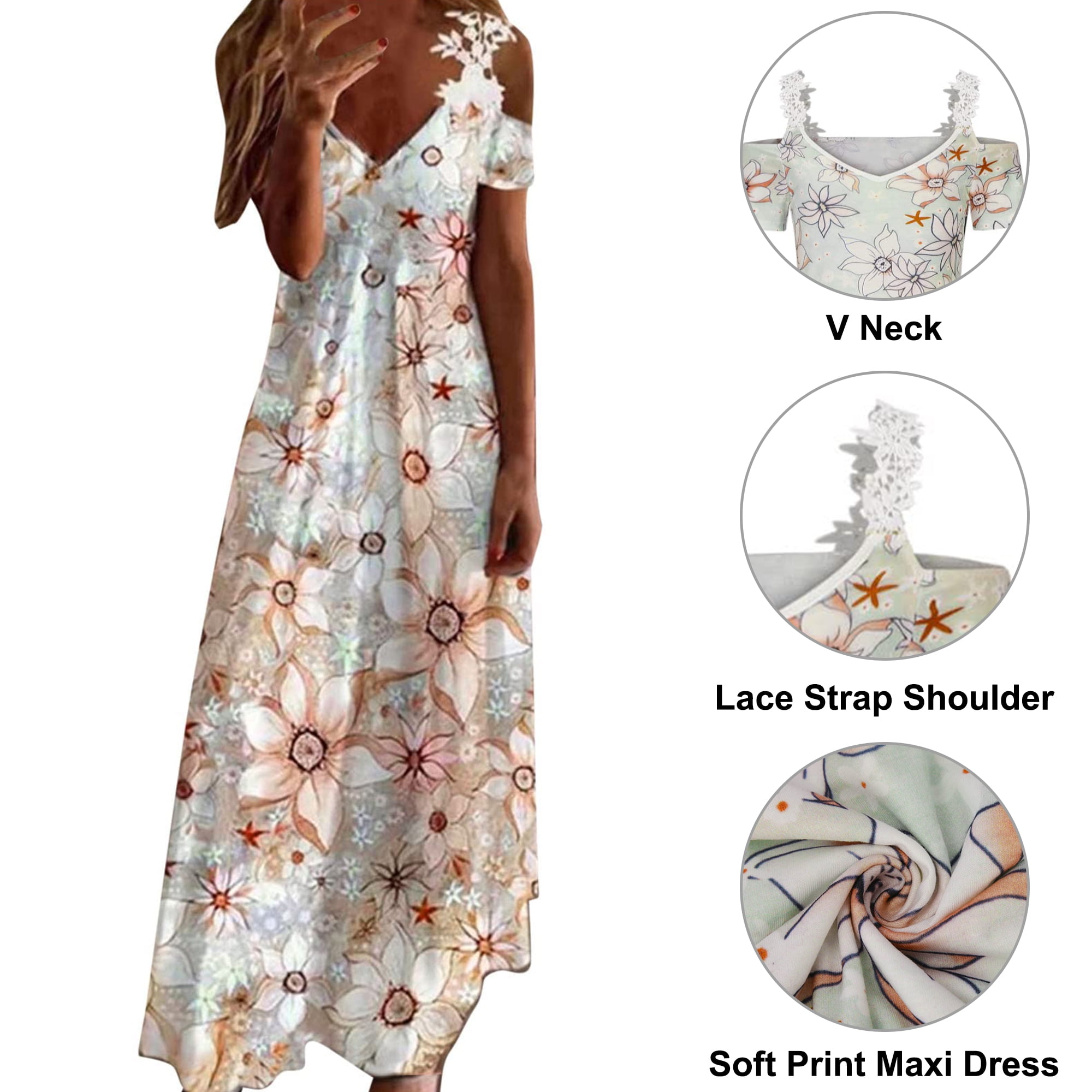 Chiffon Cold Shoulder V Neck Printing Maxi Floral Dresses Chiffon Cold Shoulder V Neck Printing Maxi Floral Dresses