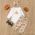 thumbnail image 2 of CONFREE Toddler Baby Girl Halloween Outfits Long Sleeve Cute Pumpkin Print Bodysuit Pants With Hairband 3Pcs Hallowmas Outfit Set Fall Clothing Set, 2 of 9