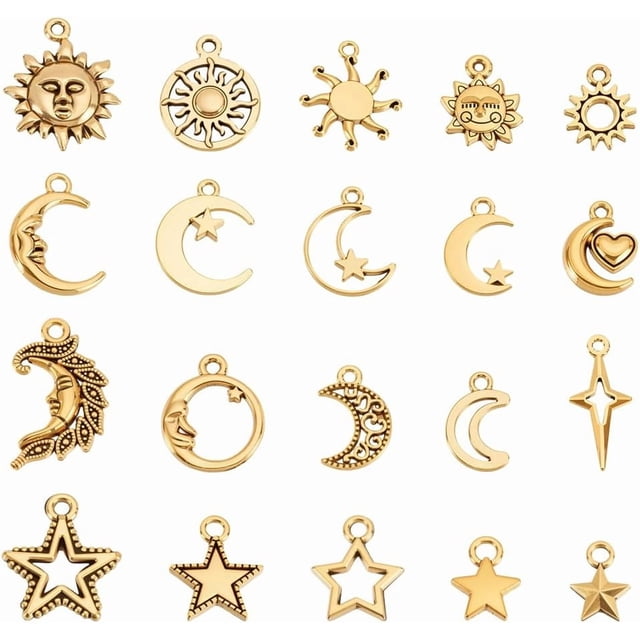 80 piezas de 20 estilos de dijes de la serie Sol, Luna y Estrella, colgantes de estilo tibetano, pequeños colgantes dorados para pulseras, collares y joyas.