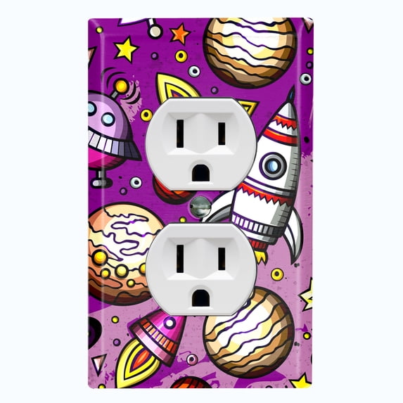 Metal Light Switch Wall Plate Outlet Cover (Spaceship UFO Astronaut Rocket Outerspace Star Pink - Single Duplex)