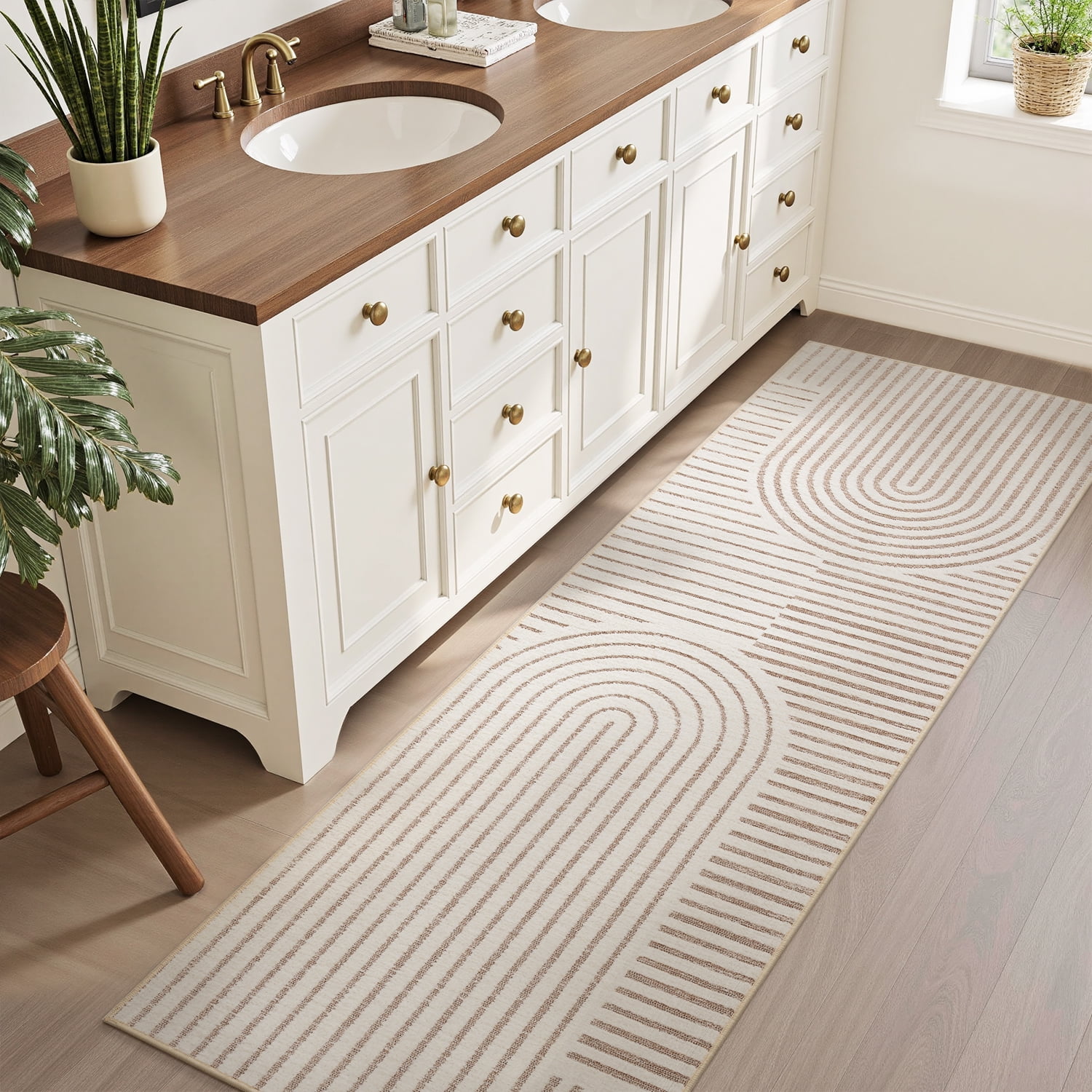 VUNATE 2'x6' Runner Rug Boho Washable Kitchen Rug Modern Jacquard Textured Rugs Soft Geometric Rug for Bedroom Mid Century Non-Slip Table Runner Perfect for Dining Room Laundry Beige