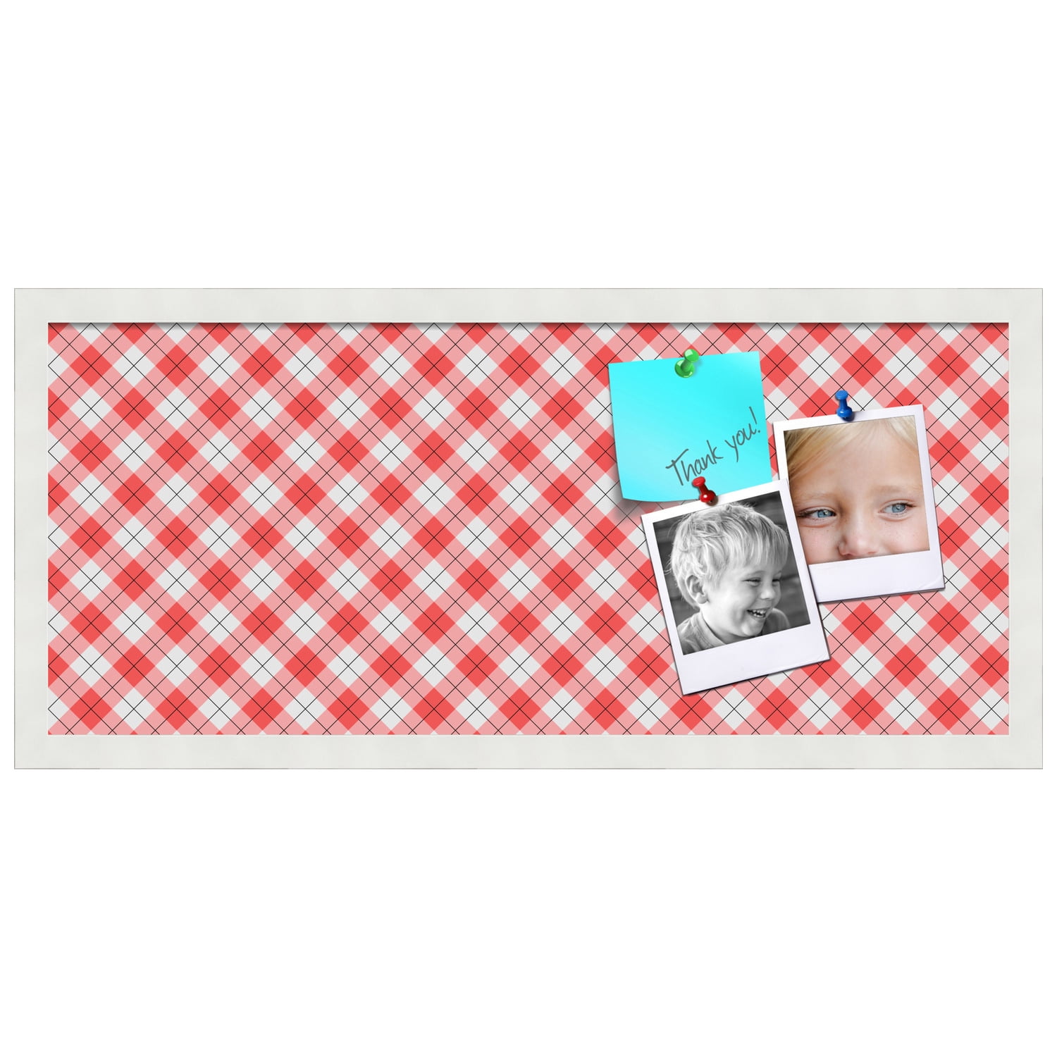 PinPix ArtToFrames 26x10 Custom Cork Bulletin Board Argyle Red   Poster Board Has a Fabric Style Canvas Finish, Framed in Satin White Frame (PinPix-646)