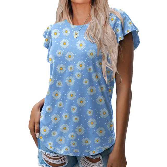 TIHLMK Hauts pour Femmes Femmes Mode Décontractée Imprimé Col Rond Volants Manches Courtes T-shirt Haut Blouse Chandail
