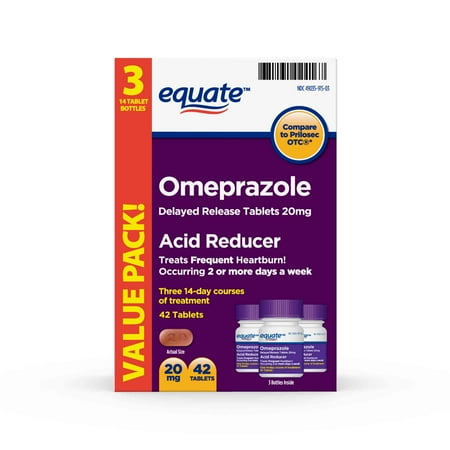 (2 Pack) Equate Acid Reducer Omeprazole Delayed Release Tablets, 20 mg, 42 Ct, 3 Pk - Treat Frequent (Best Over The Counter Stomach Acid Reducer)