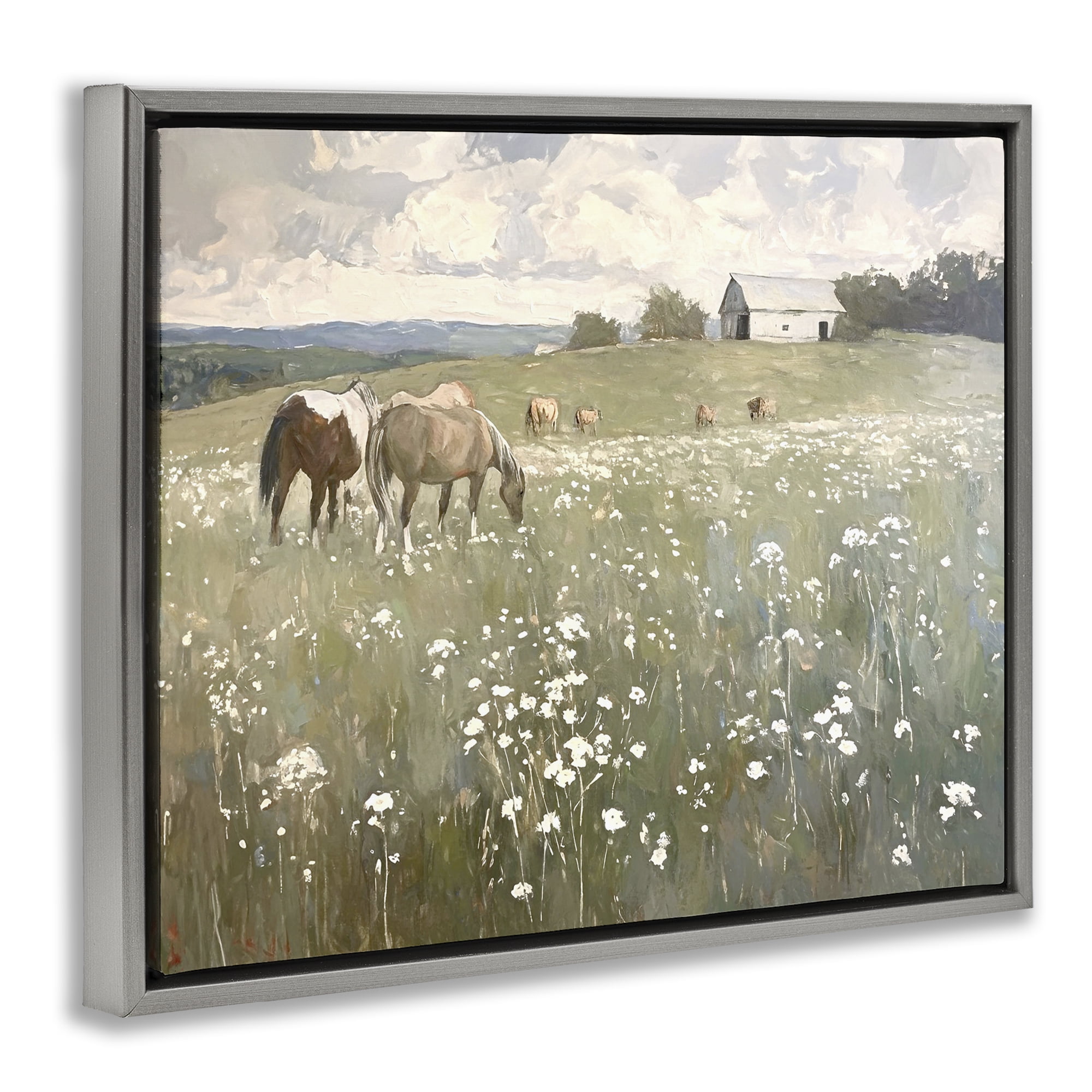 Stupell Industries Horses in Pasture Landscape Painting Gray Floater Framed Canvas Art Print Wall Art, 21 x 17