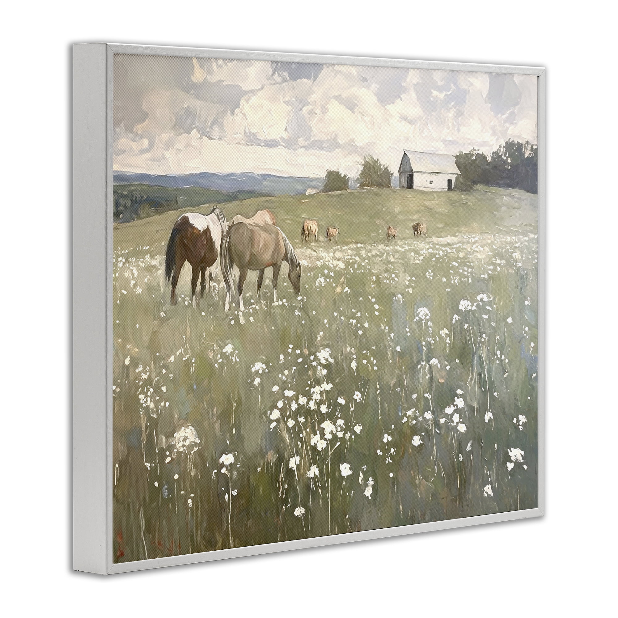 Stupell Industries Horses in Pasture Landscape Painting White Framed Art Print Wall Art, 20 x 16