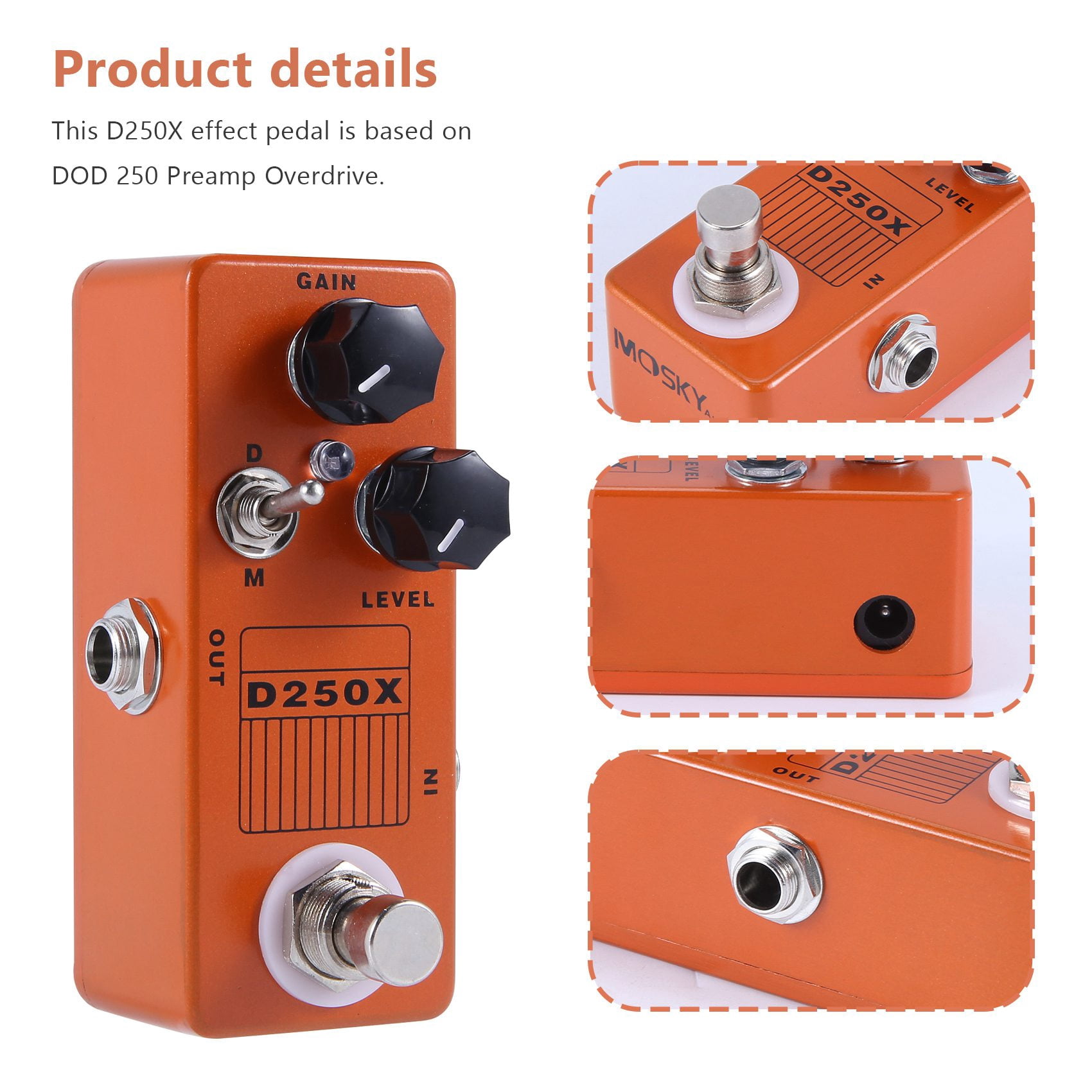 D250X Mini Overdrive Preamp Guitar Effect Pedal with True Bypass Switch