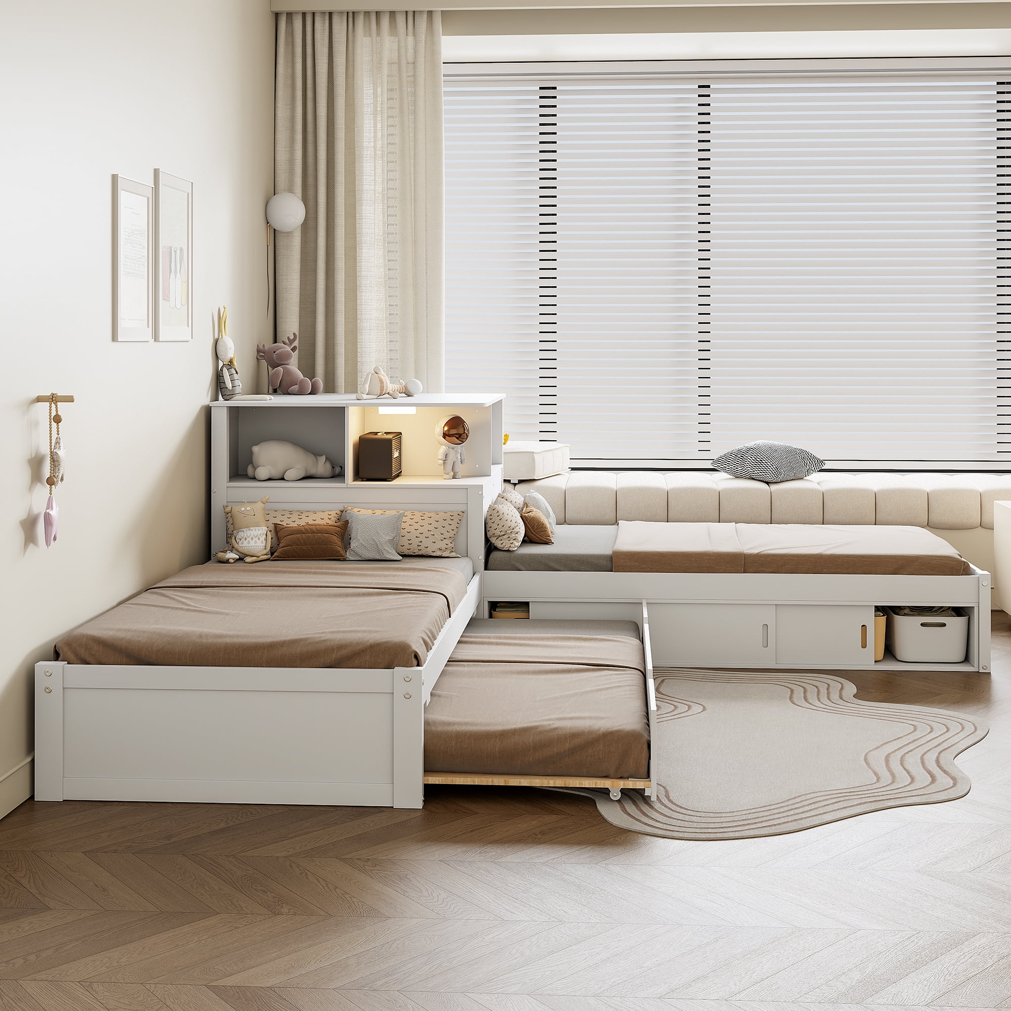 Euroco Pine Wood L-Shaped Twin Platform Bed with Storage Desk, Cabinets, Trundle and LED Light for Kids Teens, White