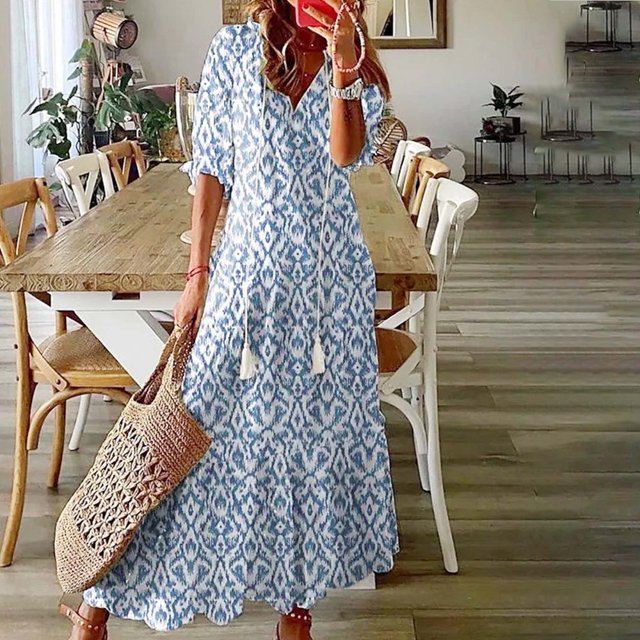 JUNWELL Robe Bohème d'Été pour Femmes, Robe Maxi Décontractée Grande Taille, Couleur Unie, Col en V, Robes Soleil, Dentelle à Franges, Longue Robe