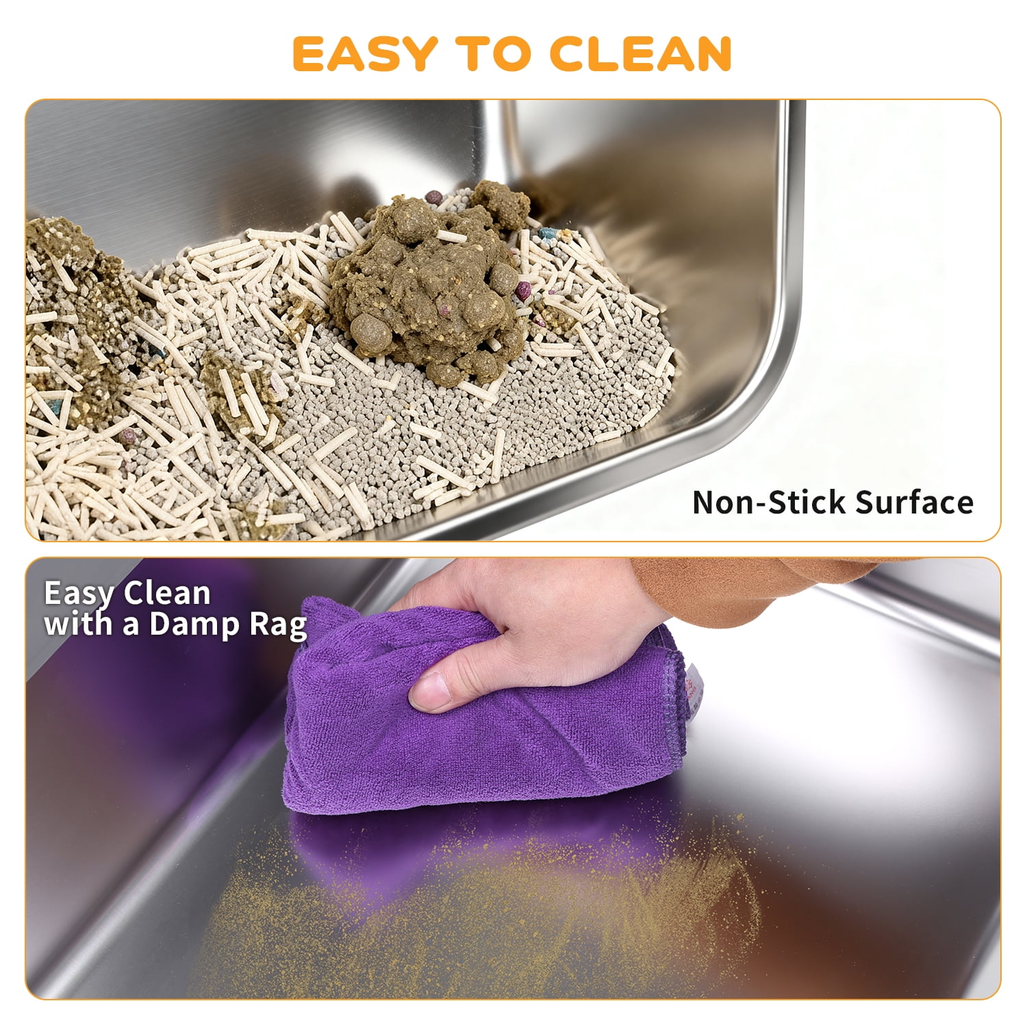 Yucurem Stainless Steel Cat Litter Box, High Sided Cat Litter Box for Small/Big/Multi Cats, with Scoop and Case, Paw Mat, 2 Rolls of 30 Bags