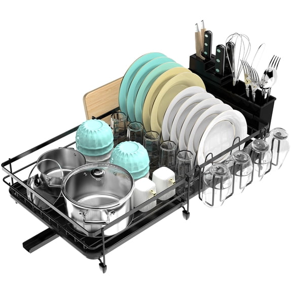 INTIGE Dish Drying Rack, Expandable Dish Rack with Utensil Holder, Anti-Rust Dish Drainer with Drainboard, Black