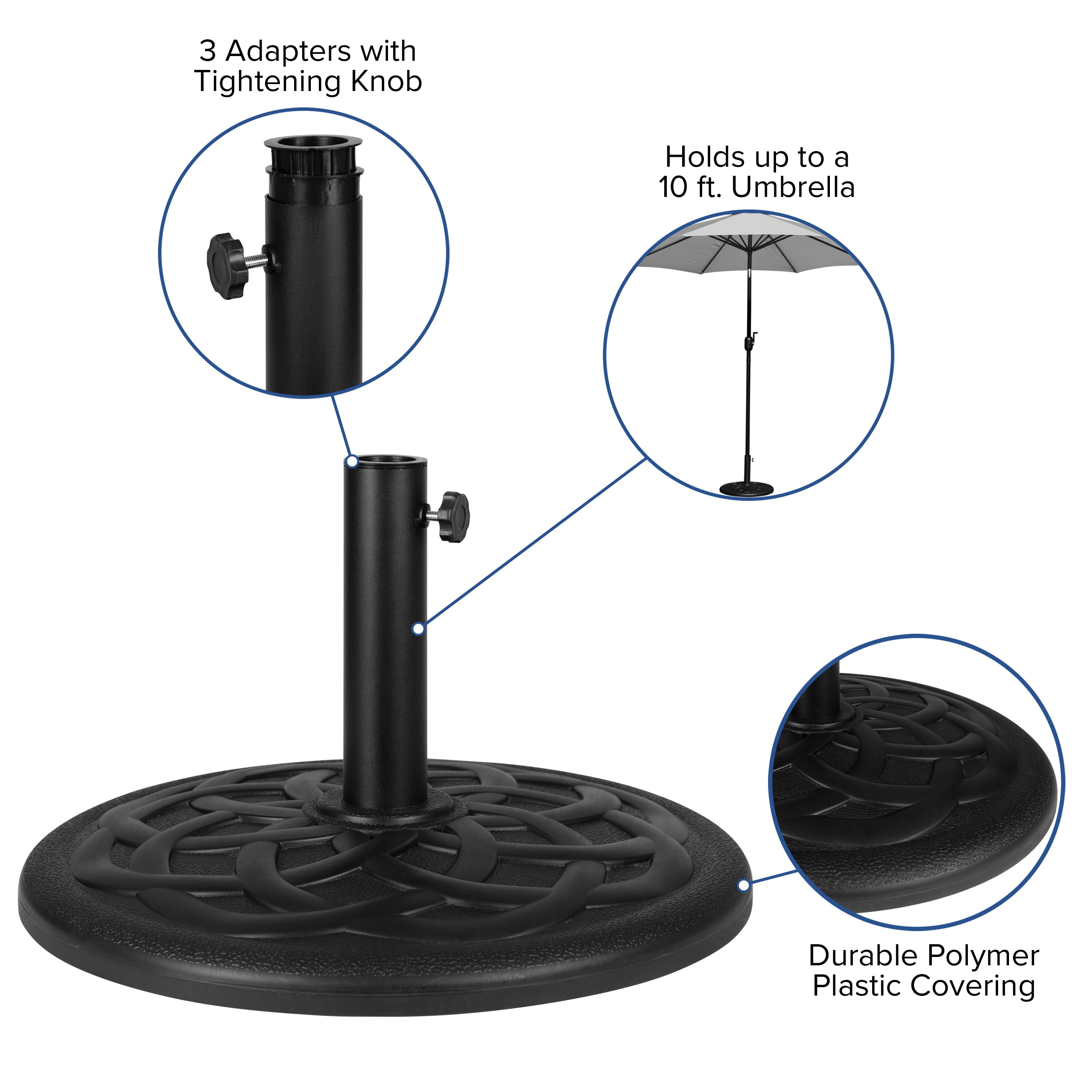 Emma + Oliver Universal Black Cement Patio Umbrella Base - Weatherproof - 19.25" Diameter