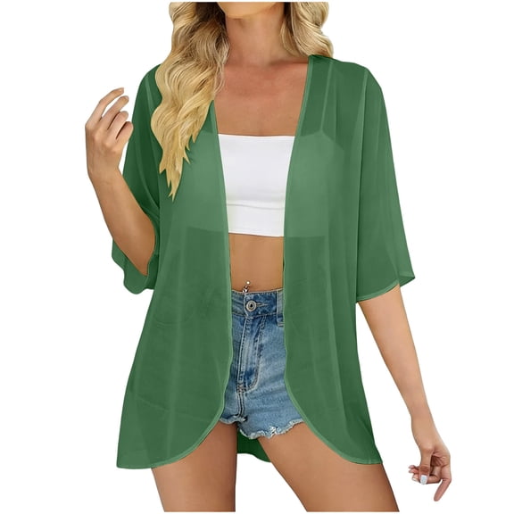Perfectbot Women's Sheer Chiffon Open Front Cardigans Lightweight Elbow-Length Sleeve Kimono Summer Cover Ups