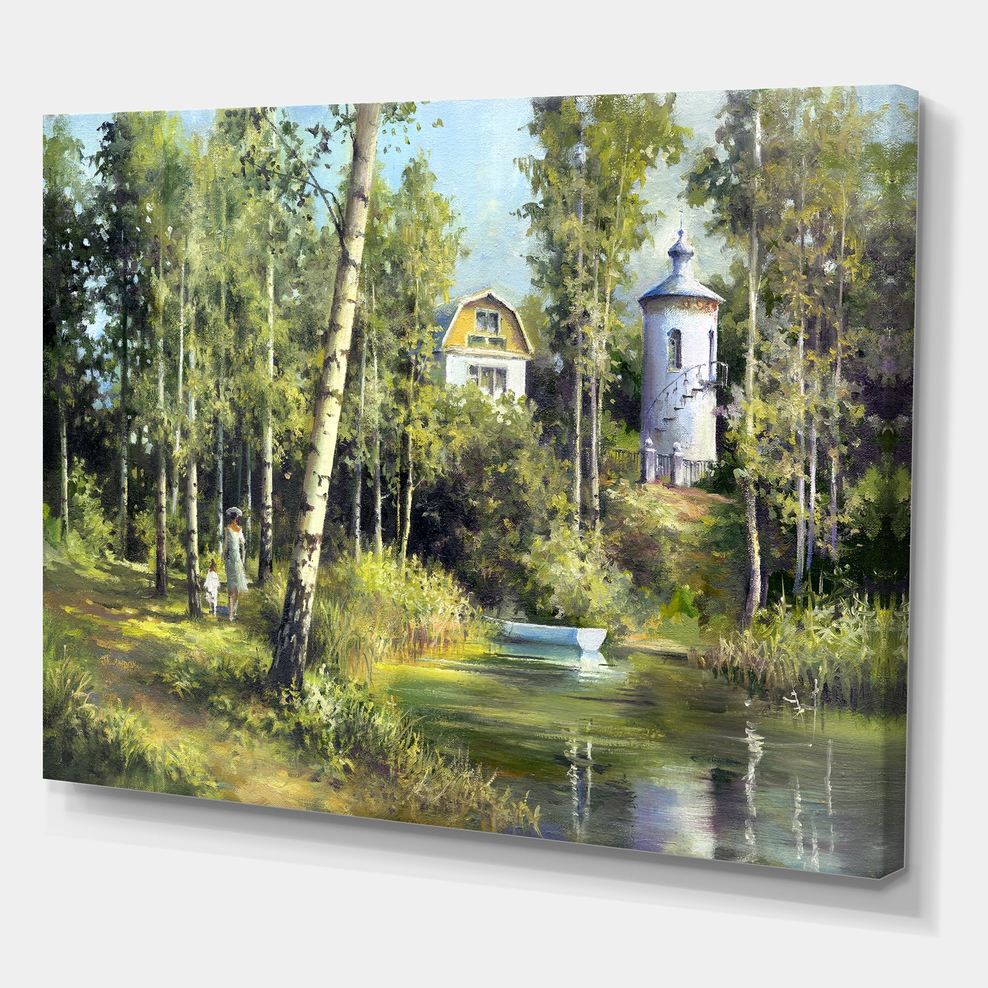 Designart ' The Wood River With Boat On A Decline By The Castle ' Lake House Canvas Wall Art Print