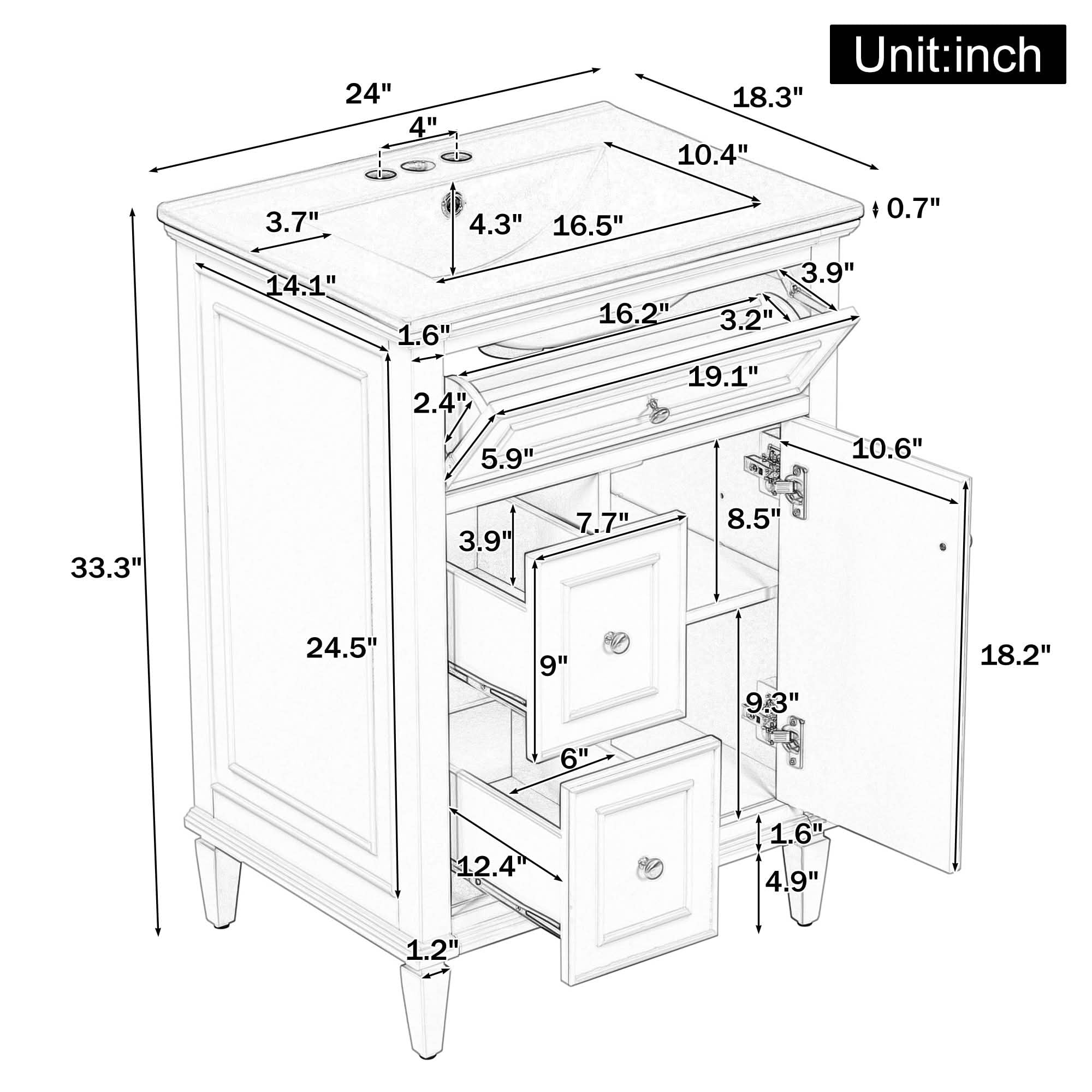 MAYEERTY 24" Bathroom Vanity with Sink, 1 Flip Drawer 2 Drawers Adjustable Shelf, Solid Wood MDF, Black