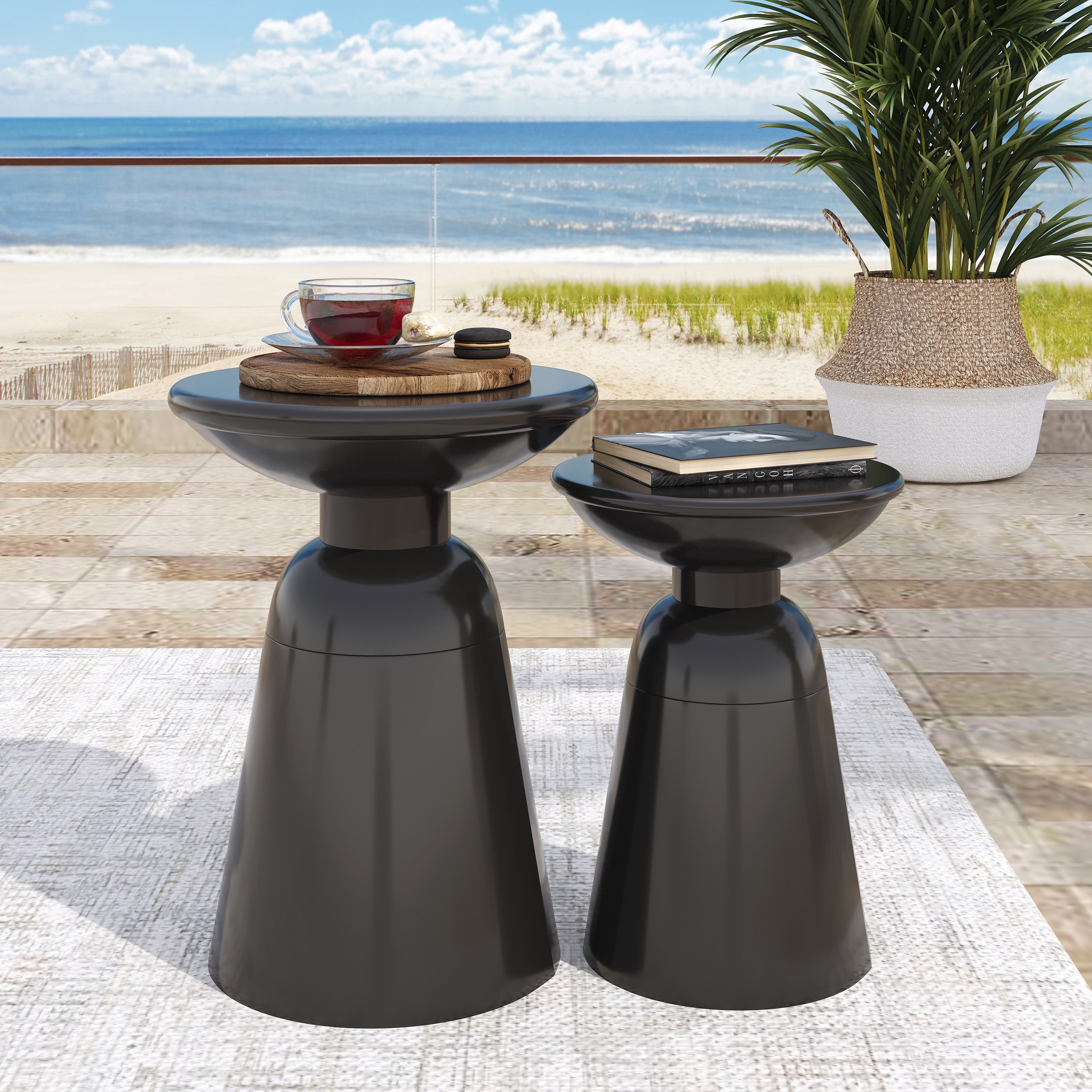 Outdoor Side Table Set of 2, Iron Frame Flared Style Accent Tables for Patio Garden, Black