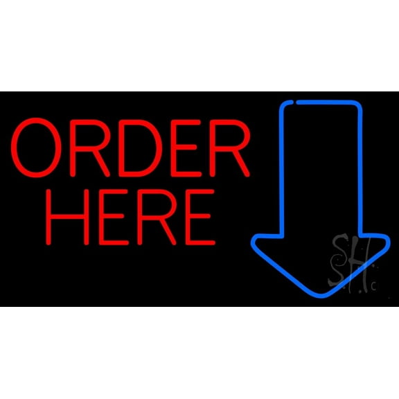 Red Order Here With Arrow LED Neon Sign 20 x 37 - inches, Clear Edge Cut Acrylic Backing, with Dimmer - Bright and Premium built indoor LED Neon Sign for Bar decor.