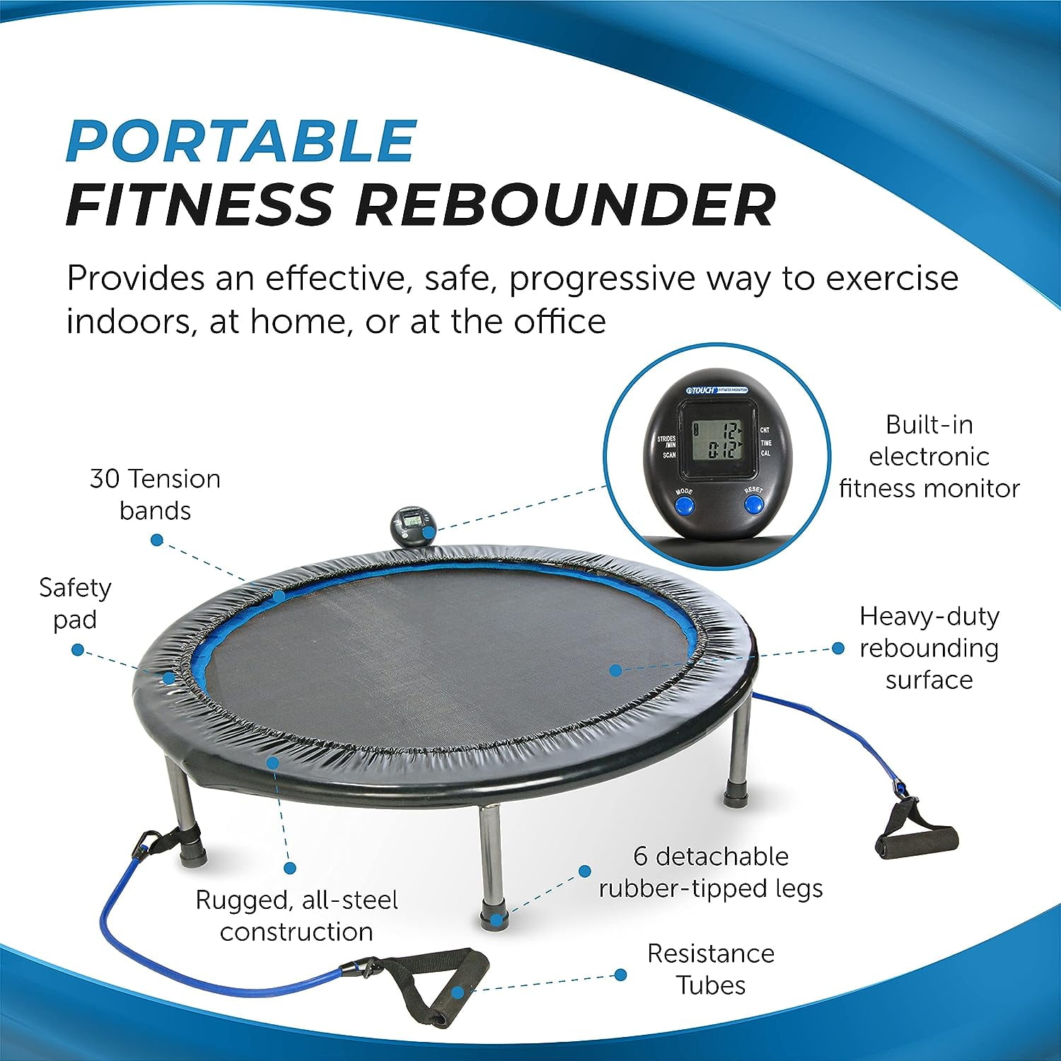 HJTER Folding Trampoline with Smart Workout App, Black - Portable Fitness Rebounder for Home Gym, Cardio & Strength Training, Jumping Exercise Equipment