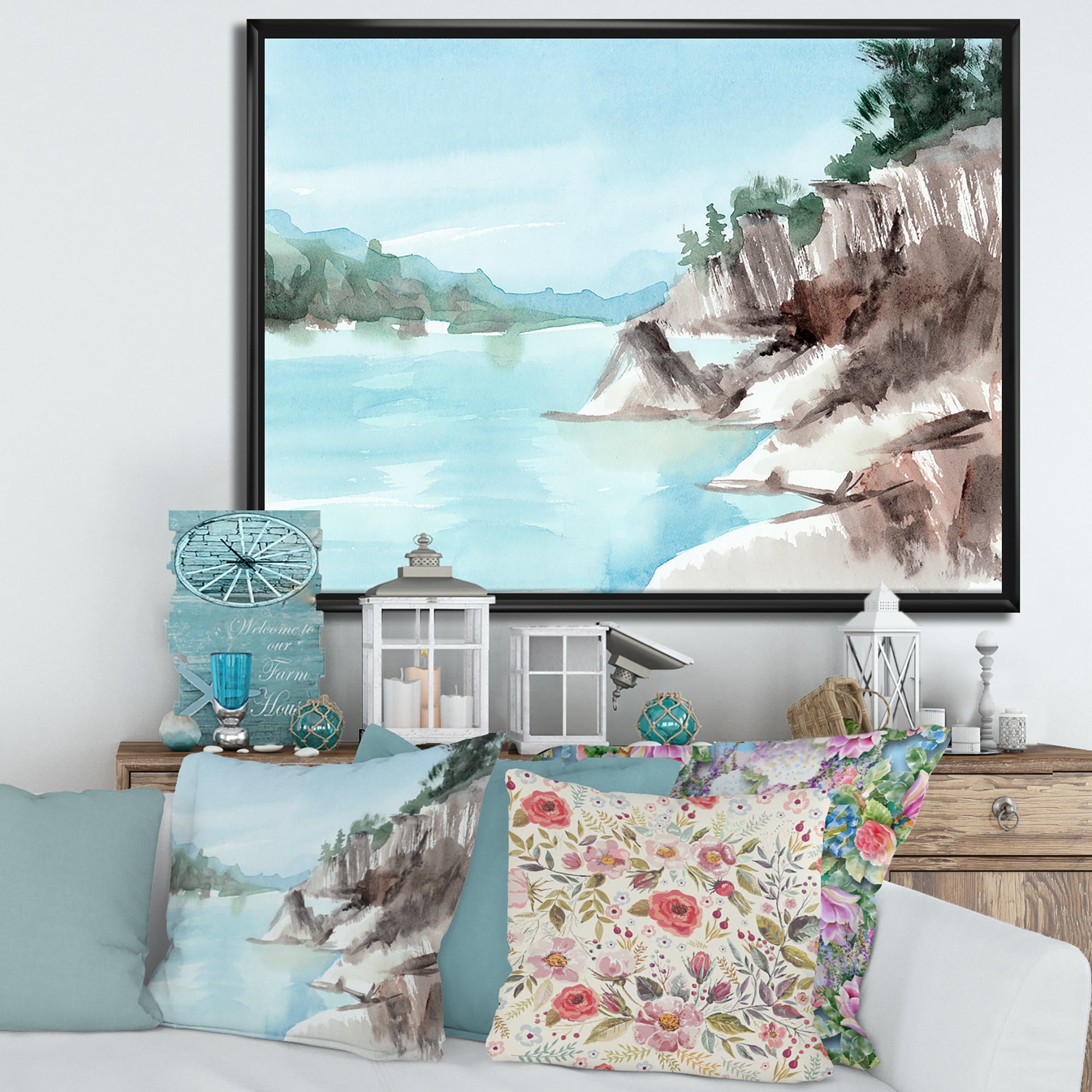 Designart 'Rocks With The Blue Lake' Lake House Framed Canvas Wall Art Print