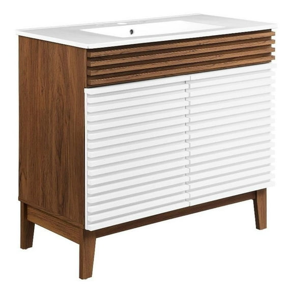 Modway Render 36" MDF and Particleboard Bathroom Vanity in White/Walnut