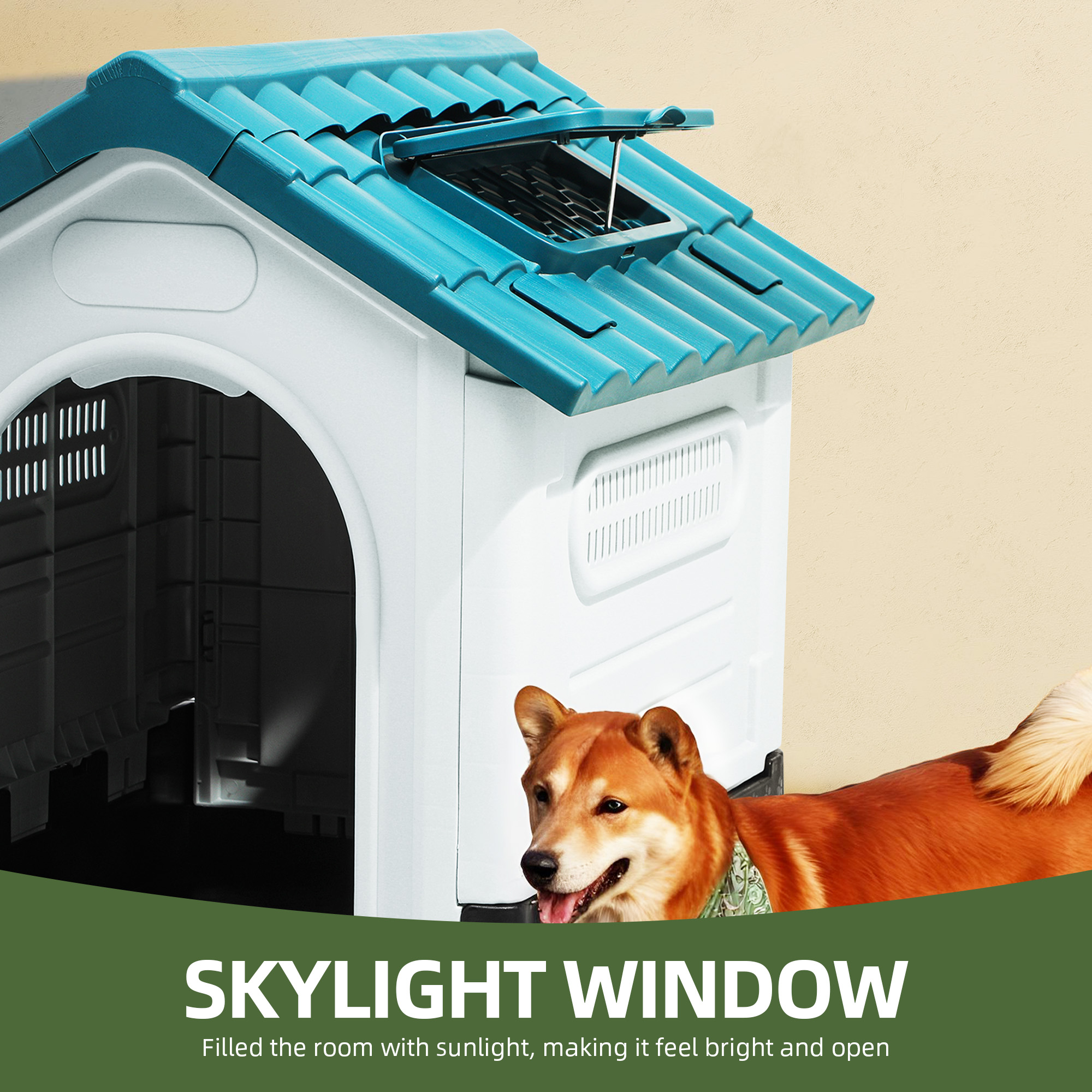 Uforic Waterproof Foldable Plastic Dog House with Adjustable Skylight and Elevated Floor, Outdoor Indoor Doghouse Puppy Shelter,Blue,33.1''Lx 27.6''Wx 30''H