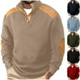 thumbnail image 2 of ZCFZJW Mens Casual Knitted Pullover Sweater Quarter Button up Long Sleeve Stand Collar Vintage Color Block Button Sweaters with Elbow Patches Army Green L, 2 of 5