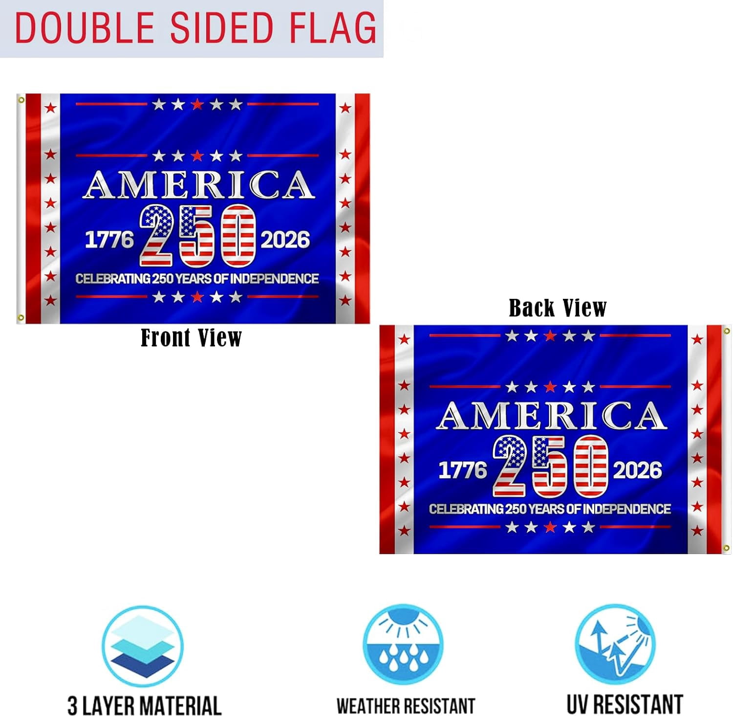 250 Anniversary USA Flag 3x5 Double Sided 3 Ply 250 year american anniversary flag Heavy Duty UV Protection  Fade Resistant 2 Brass Grommets  250 Years Of Freedom