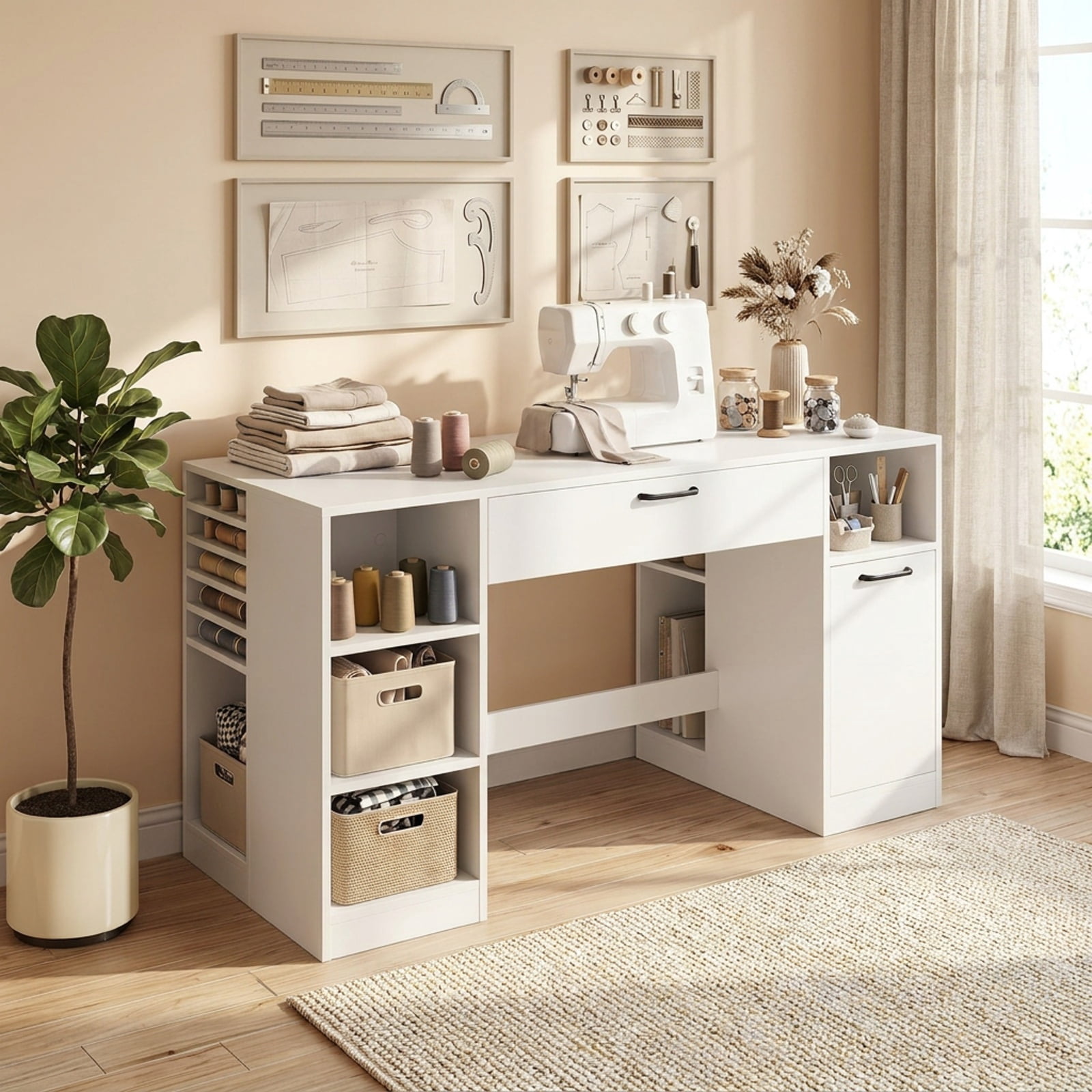 Furnibear Sewing Table Craft Station Desk with Power Outlets 2 Drawers and Open Compartments for Home Office Crafting Work, White