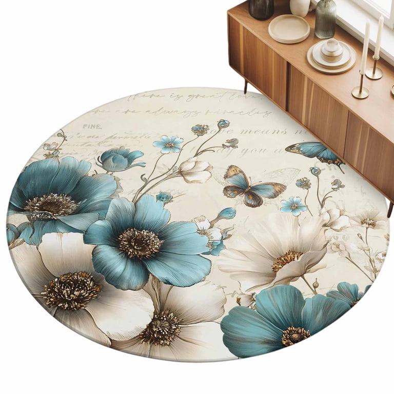 Blue White Tulip Farm Butterfly Round Rug 3ft Farmhouse Floral