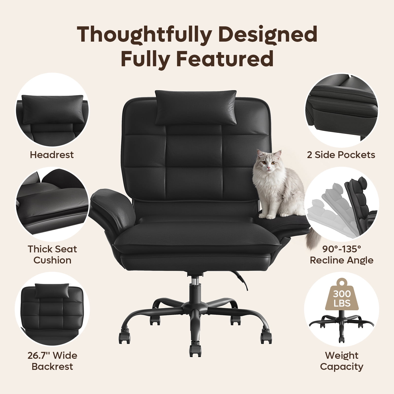 Bestier Big and Tall Ergonomic Office Chair with Flip-Up Arms, PU Leather High Back Executive Swivel Desk Chair with Side Pockets & Headrest , Height Adjustable Computer Chair for Home, Black