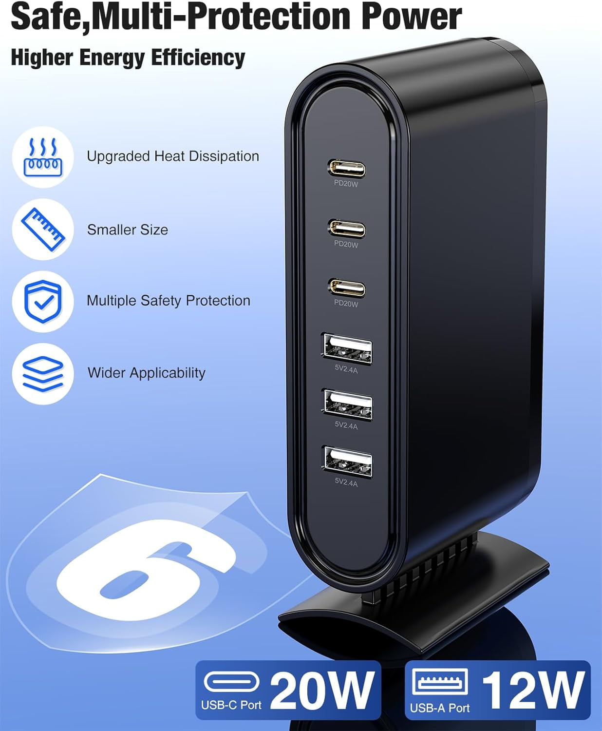 96W Charging Station for Multiple Devices,6 Port Multi Charger Station,USB C Fast Charging Hub Organizer Multiport Compatible with iPhone 17 16 15 Pro Max, Samsung, Android, iPad, (Black)