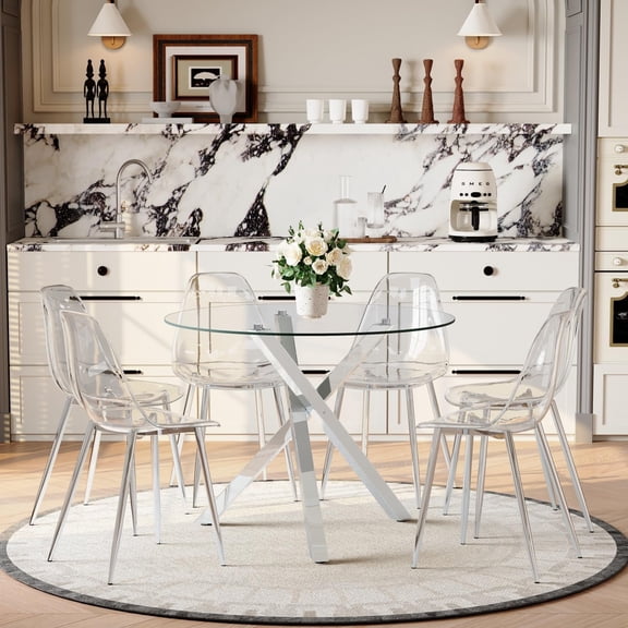 LJAN Round Dining Table Set for 5, 39" Glass Dining Table,Silver Crossed Metal Legs,4 Clear Acrylic Chair&Chrome Legs,for Dining Room,Kitchen,Small Space
