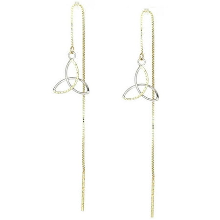 American Designs 14kt Yellow and White Gold Two-Tone Diamond-Cut Trinity Knot Celtic Dangle and Drop Threader Earrings