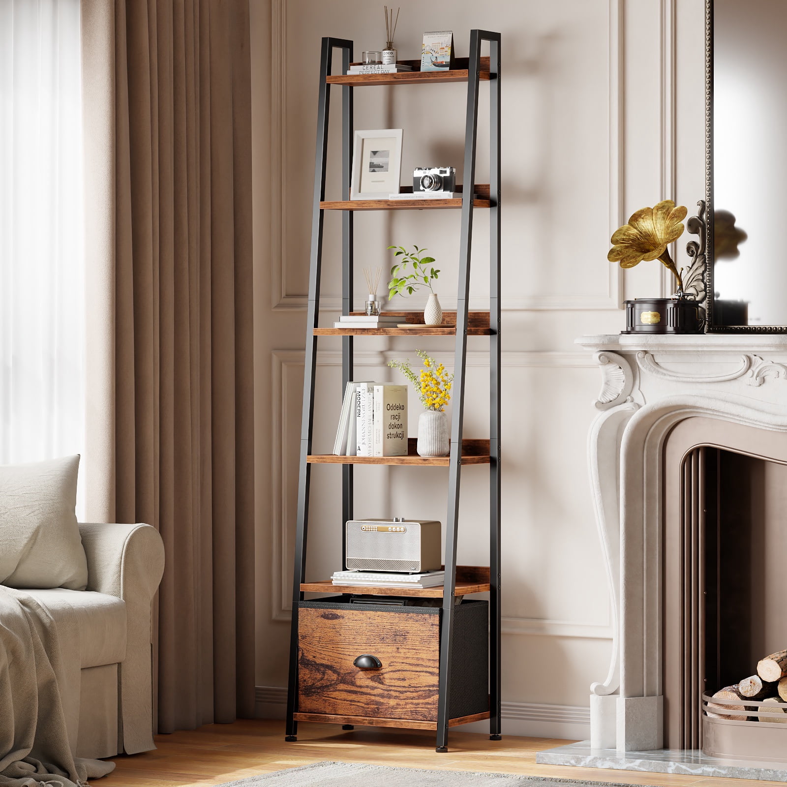 Tydimor 6-Tier Leaning Ladder Bookshelf with Foldable Fabric Drawer, Rustic Brown Leaning Bookcase with Adjustable Foot, Storage Shelves for Home Office Living Room Bedroom