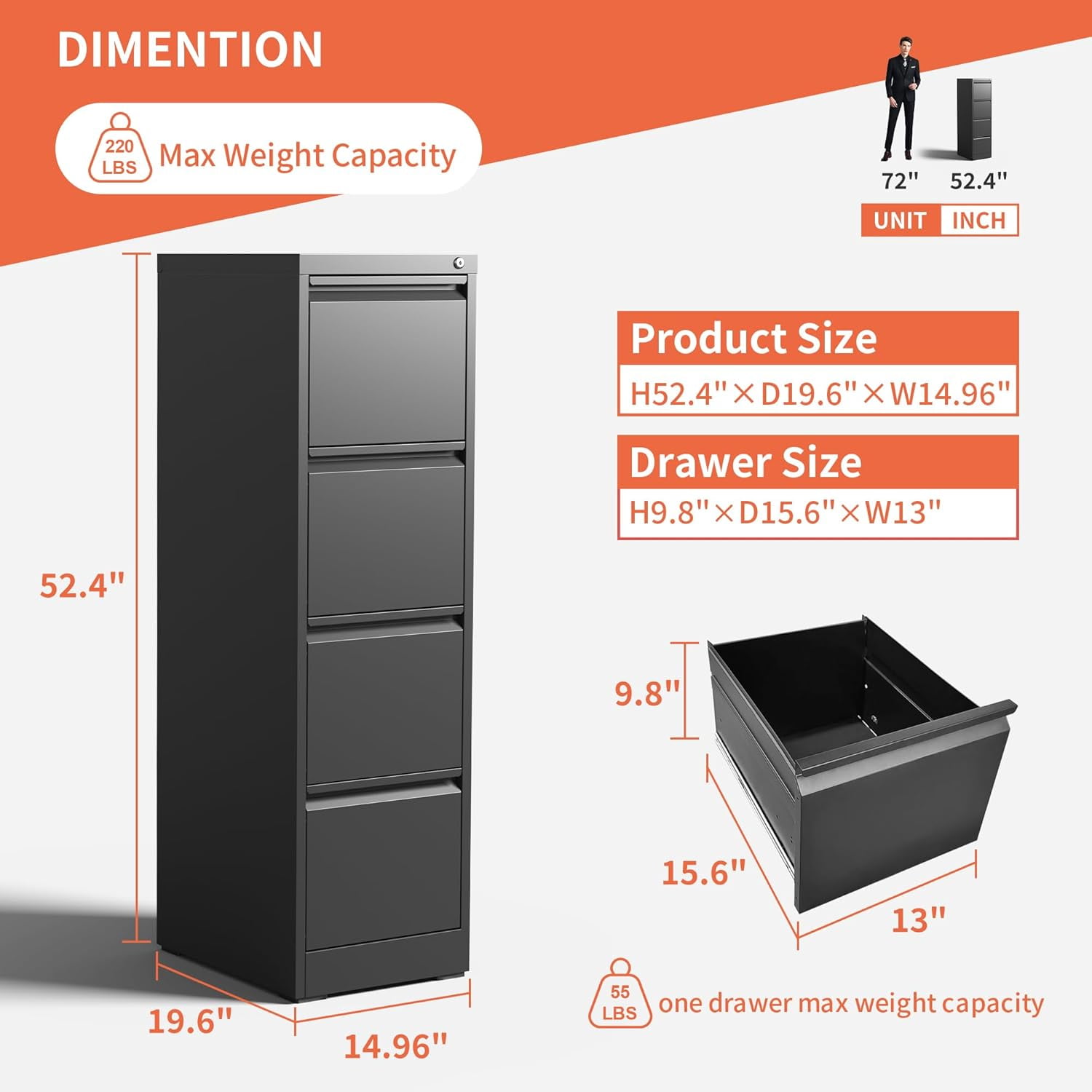 IKIMI 4-Drawer Vertical File Cabinets with Lock, Portable Rolling Metal Filing Cabinet for Legal/Letter/A4 Files, Black