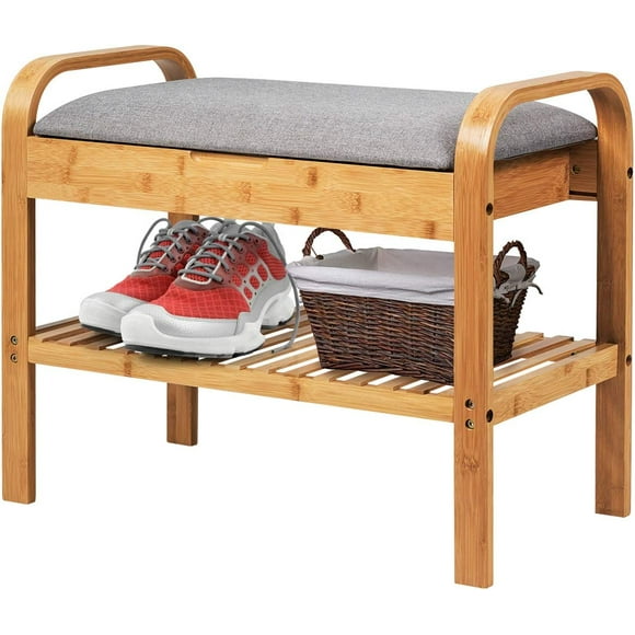 Julimoon Bamboo Shoe Rack Bench, Bench with Seat Cushion & Storage Shelf, Hallway Organizer Extra Drawer, Suitable for Entryway/Hallway/Bedroom/Living Room, Natural, Grey