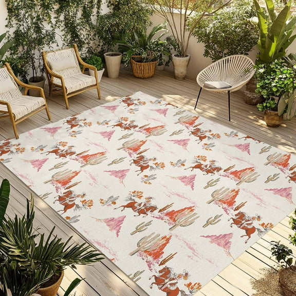 Fsddascl Pink Western Cowboy Outdoor Rug for Patio/Deck/Porch, Non-Slip Large Area Rug 5 x 8 Ft, Retro Ethnic Horse Cactus Plants Indoor Outdoor Rugs Washable Area Rugs, Camping Rug Carpet
