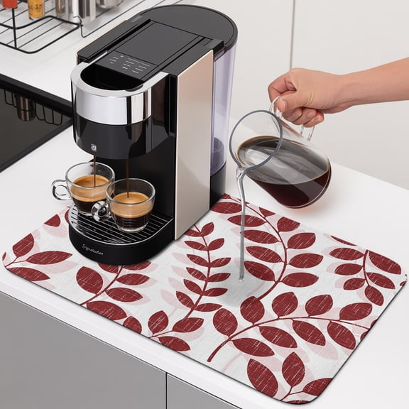 Farm Plant Leaf Dish Drying Mats for Kitchen Counter, Dark Red Branch Leaves Linen Texture Absorbent Coffee Bar Mat with Non-slip Rubber Backed Quick Drying Dish Rack Pad 16"x18"